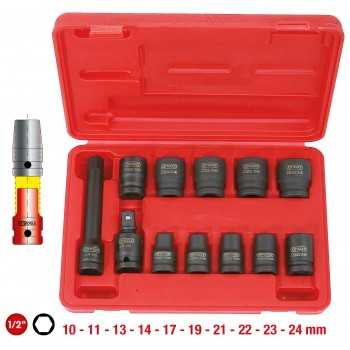 Coffret de douilles clé à chocs 6 pans 1/2'' - 10 douilles, 1 cardan, 1 rallonge