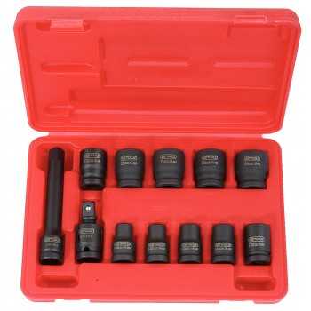Coffret de douilles clé à chocs 6 pans 1/2'' - 10 douilles, 1 cardan, 1 rallonge
